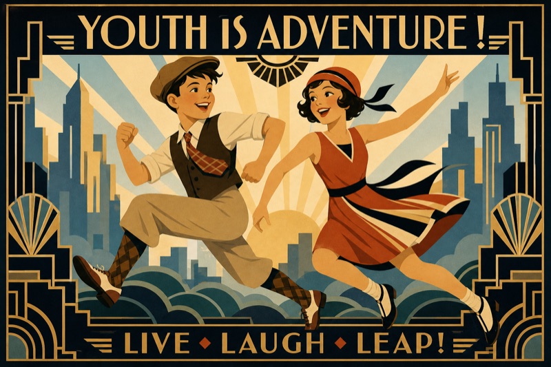 Postcard artwork of two happy kids in Art Deco poster style