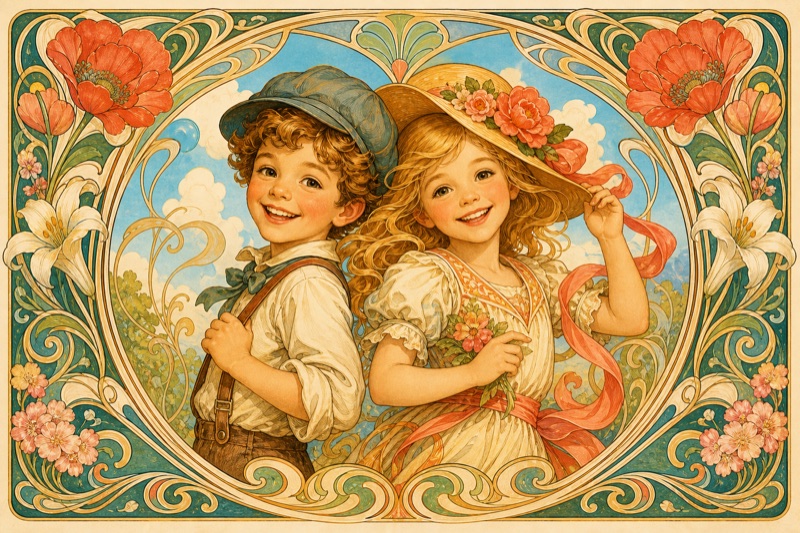 Postcard artwork of two happy kids in Art Nouveau ornament style
