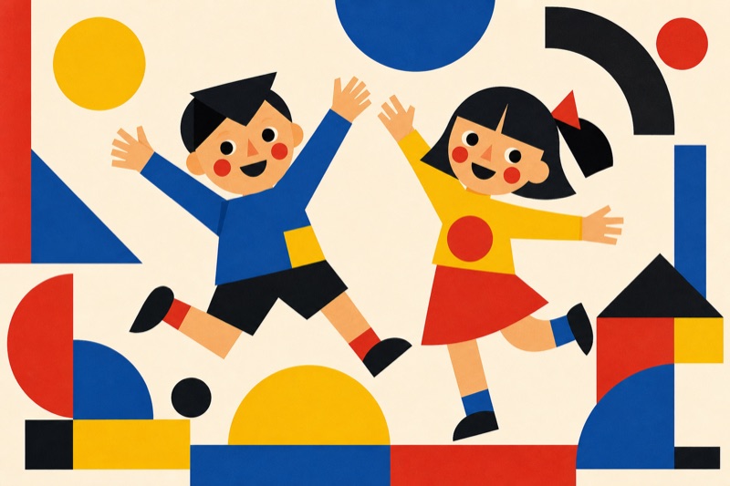 Postcard artwork of two happy kids in Bauhaus geometric style