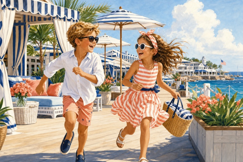 Postcard artwork of two happy kids in Beach club chic style