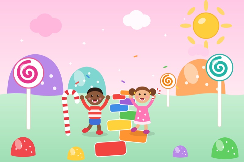 Postcard artwork of two happy kids in Candyland sweets style