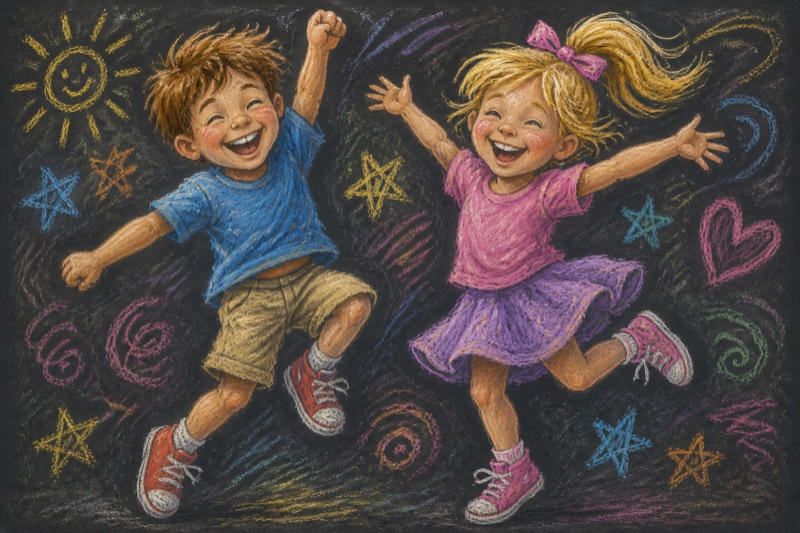 Postcard artwork of two happy kids in Chalk pastel style