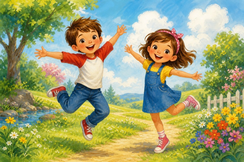 Postcard artwork of two happy kids in Children's book style style