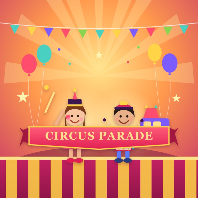 Postcard artwork of two happy kids in Circus parade style
