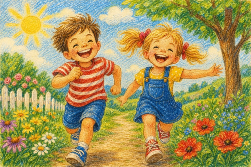 Postcard artwork of two happy kids in Colored pencil style