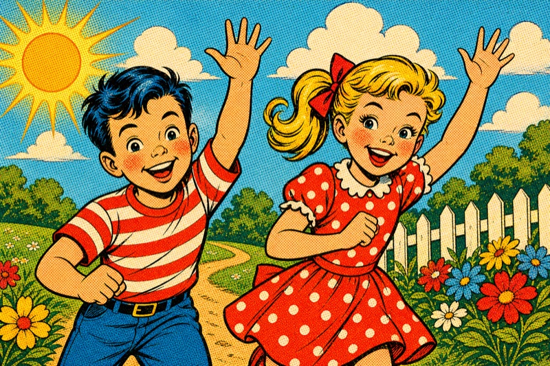 Postcard artwork of two happy kids in Comic-book halftone style