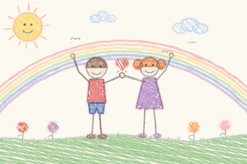 Postcard artwork of two happy kids in Crayon drawing style