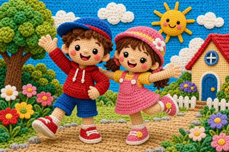 Postcard artwork of two happy kids in Crochet texture style