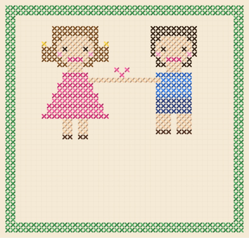Postcard artwork of two happy kids in Cross-stitch style