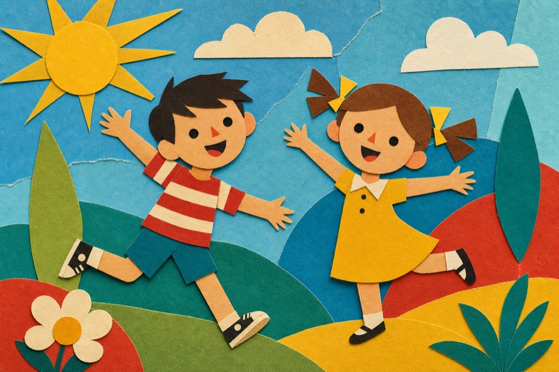 Postcard artwork of two happy kids in Cut-paper modernist style