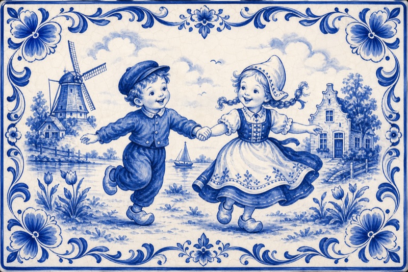 Postcard artwork of two happy kids in Delft tile style