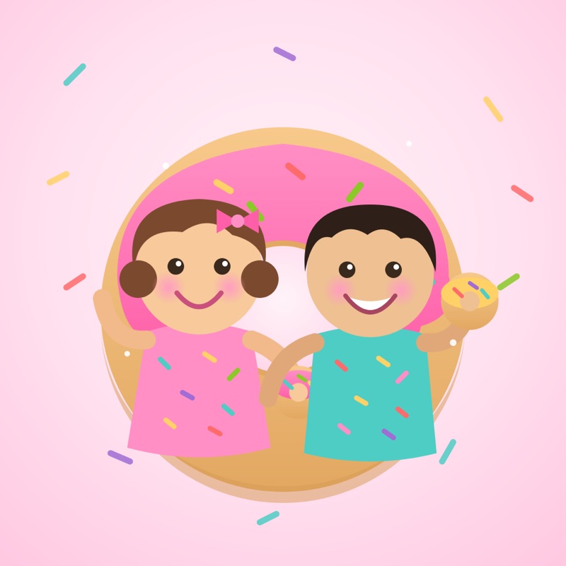 Postcard artwork of two happy kids in Donut sprinkle style