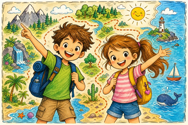 Postcard artwork of two happy kids in Doodle map style