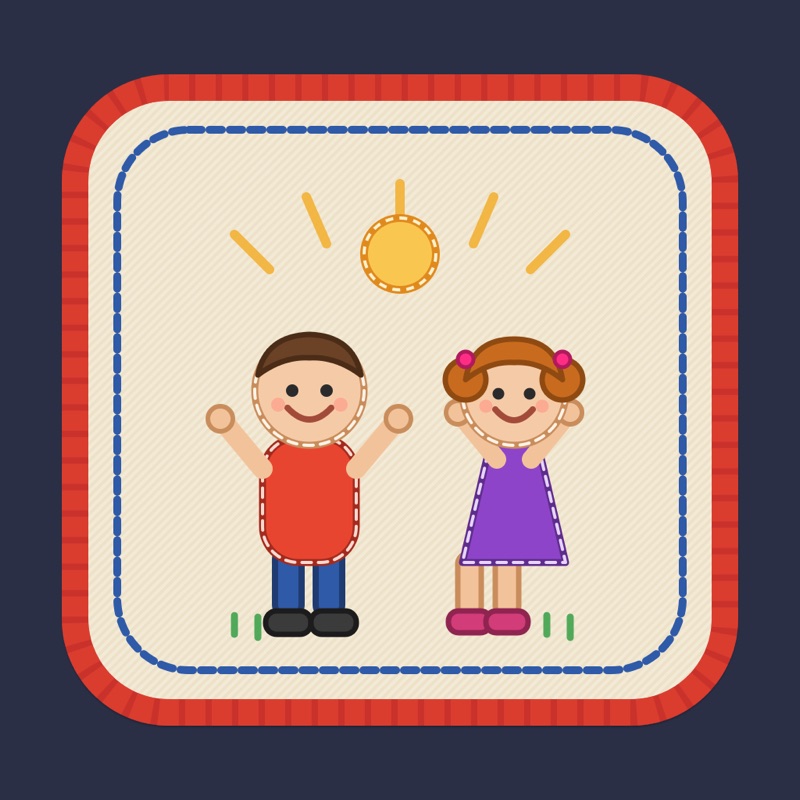 Postcard artwork of two happy kids in Embroidered patch style