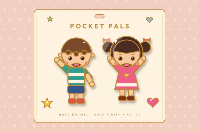 Postcard artwork of two happy kids in Enamel pin style