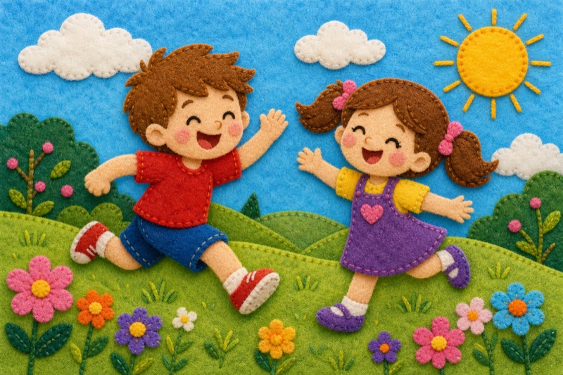 Postcard artwork of two happy kids in Felt cutout style