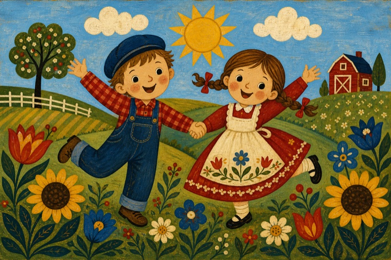 Postcard artwork of two happy kids in Folk art style