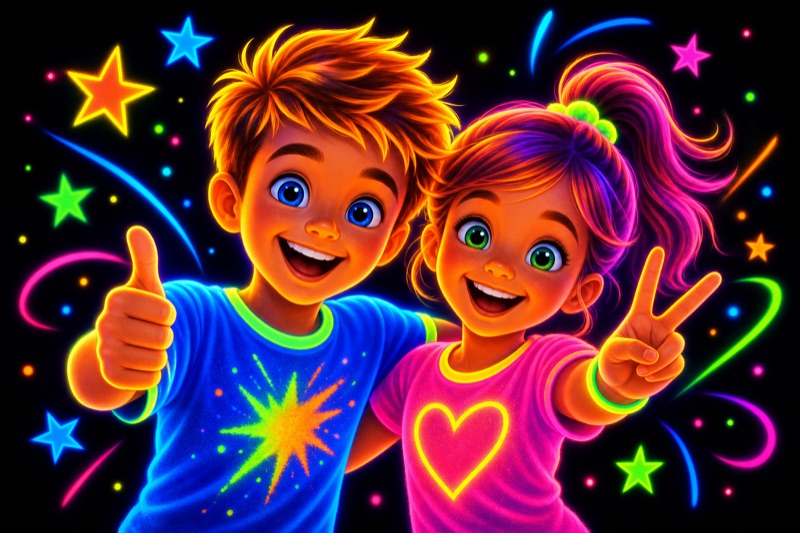 Postcard artwork of two happy kids in Glow-poster style