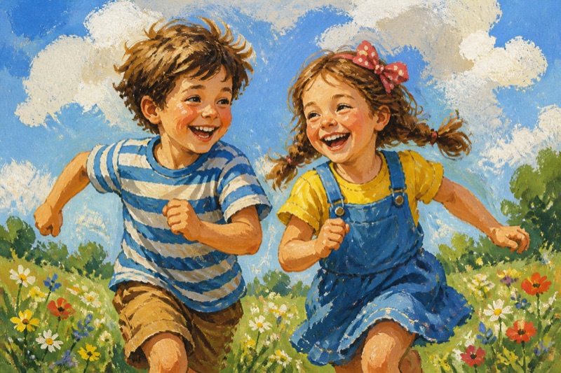 Postcard artwork of two happy kids in Gouache painting style