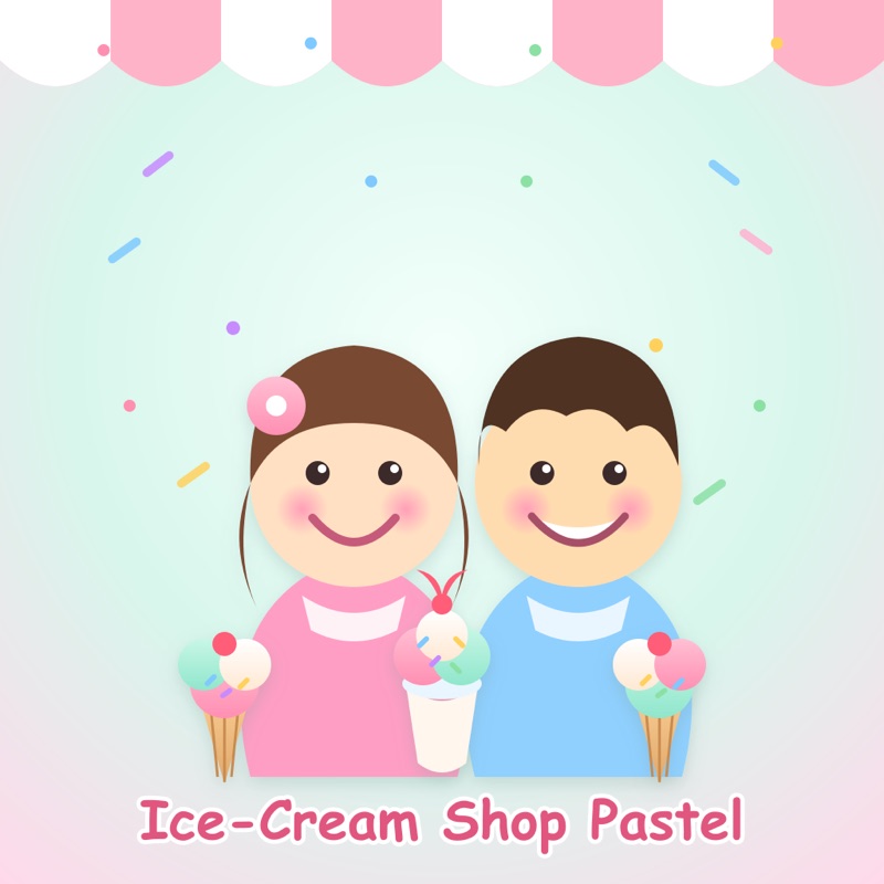 Postcard artwork of two happy kids in Ice-cream shop pastel style