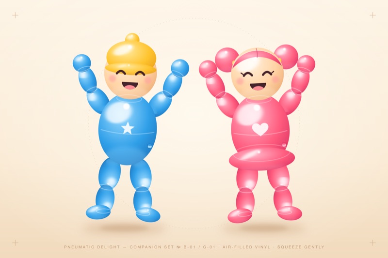 Postcard artwork of two happy kids in Inflatable toy style