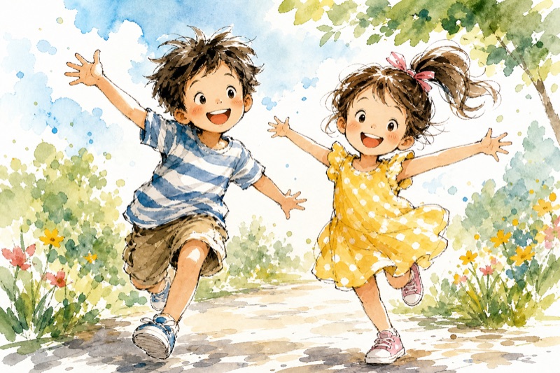 Postcard artwork of two happy kids in Ink and wash style