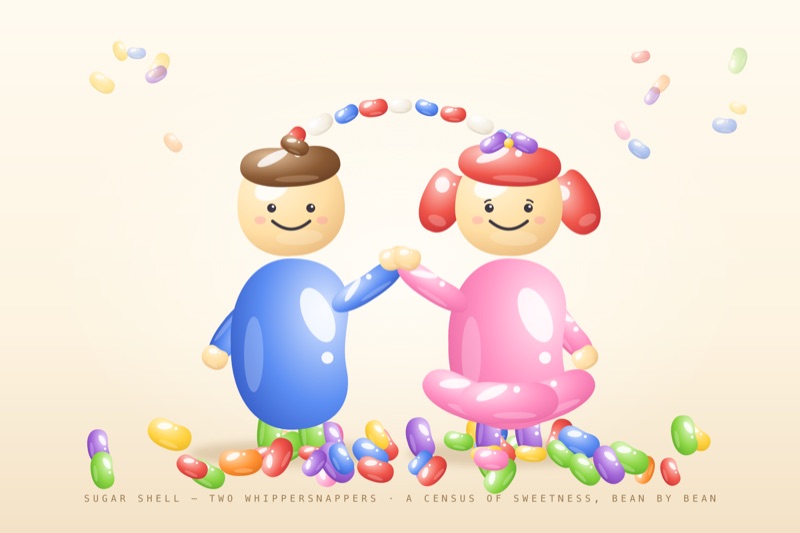 Postcard artwork of two happy kids in Jellybean palette style