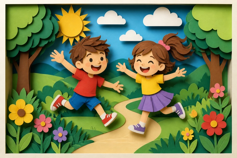 Postcard artwork of two happy kids in Layered paper diorama style