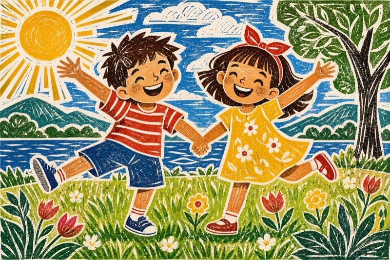 Postcard artwork of two happy kids in Linocut style