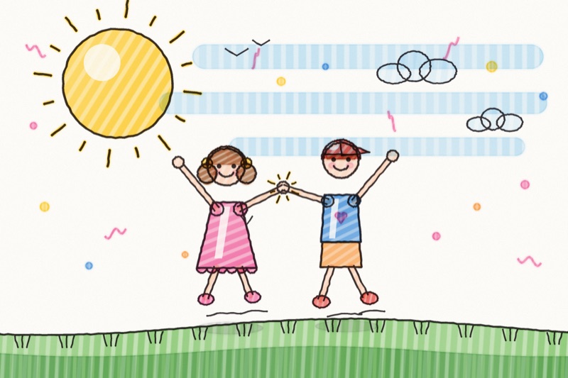 Postcard artwork of two happy kids in Marker illustration style