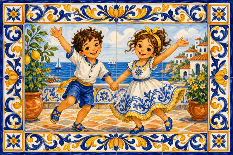 Postcard artwork of two happy kids in Mediterranean tile style