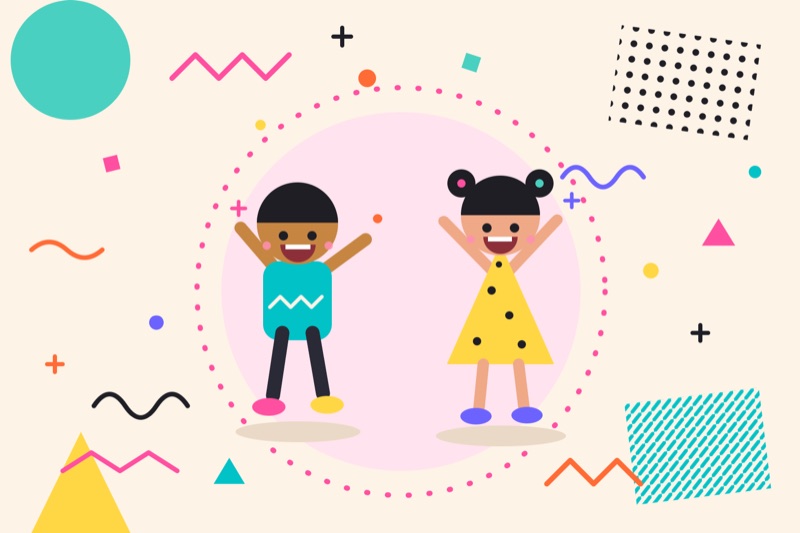 Postcard artwork of two happy kids in Memphis design style