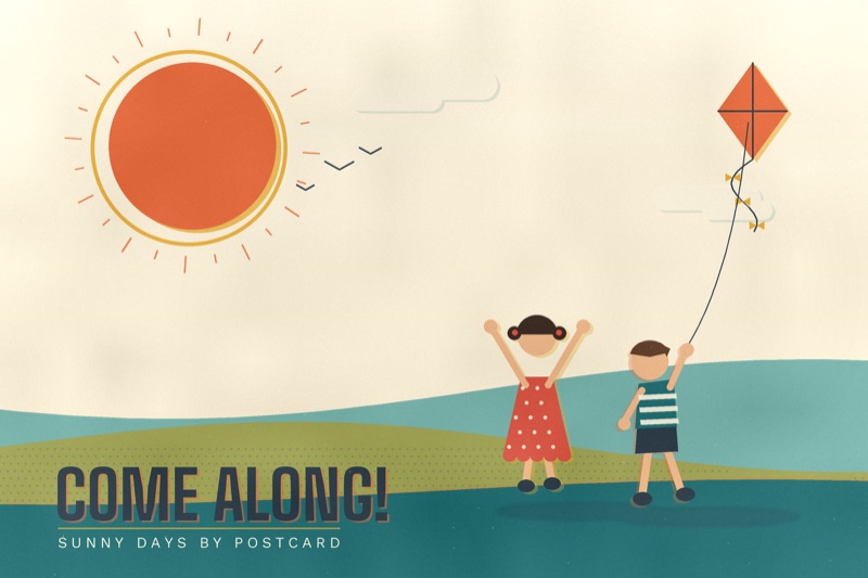 Postcard artwork of two happy kids in Mid-century travel poster style
