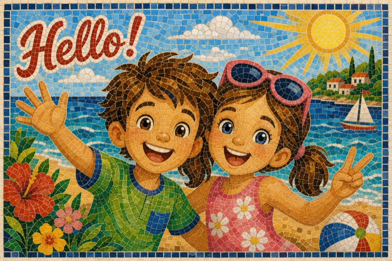 Postcard artwork of two happy kids in Mosaic style
