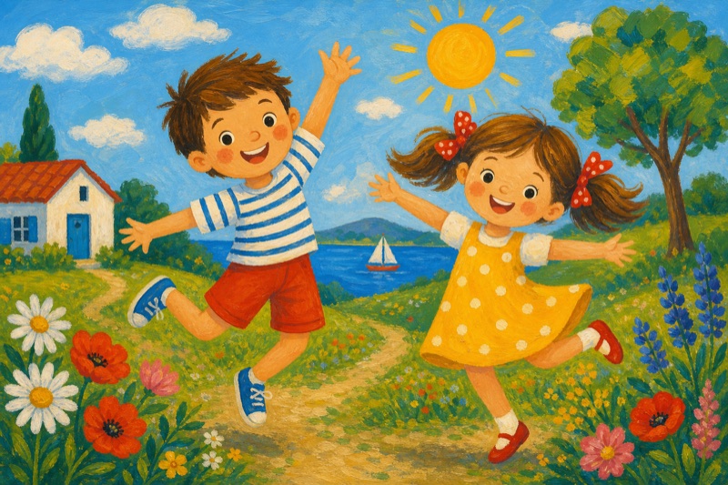 Postcard artwork of two happy kids in Naive art style