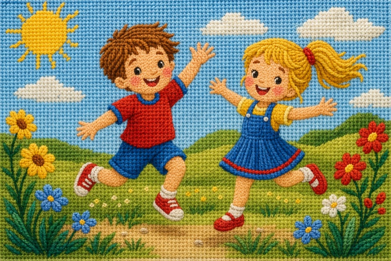 Postcard artwork of two happy kids in Needlepoint style