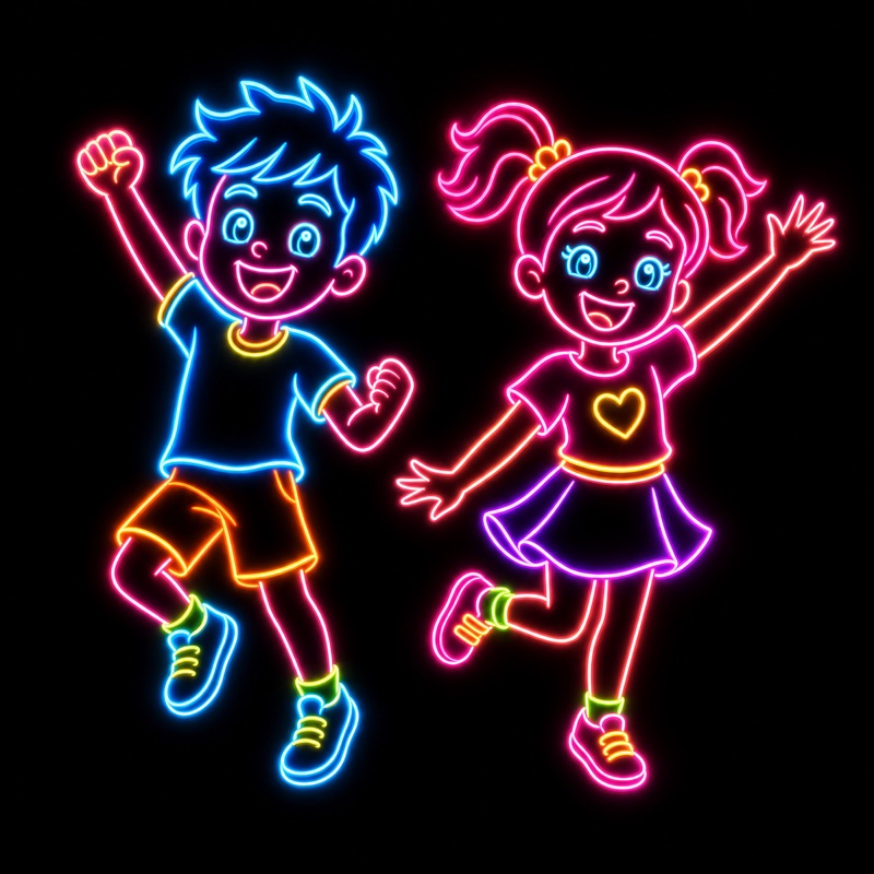 Postcard artwork of two happy kids in Neon sign style