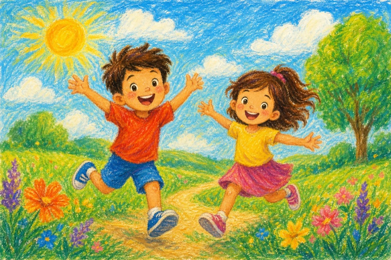 Postcard artwork of two happy kids in Oil pastel style