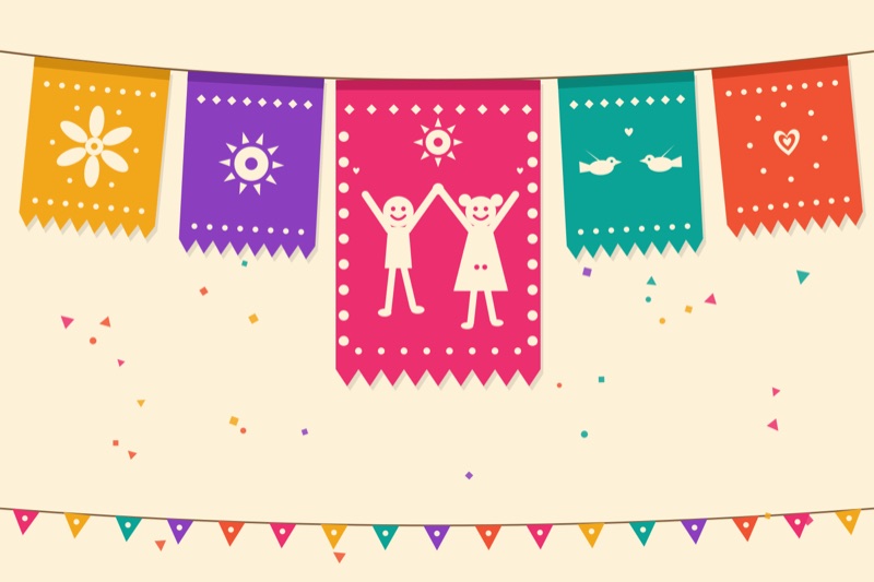 Postcard artwork of two happy kids in Papel picado style
