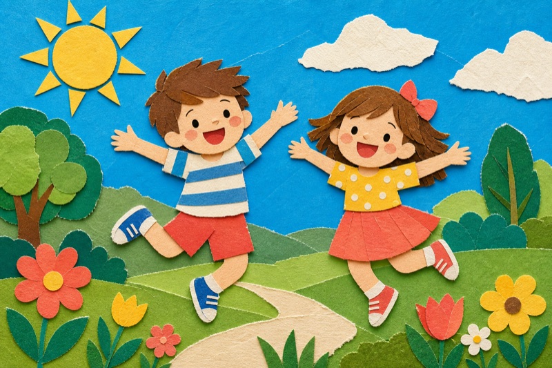 Postcard artwork of two happy kids in Paper collage style