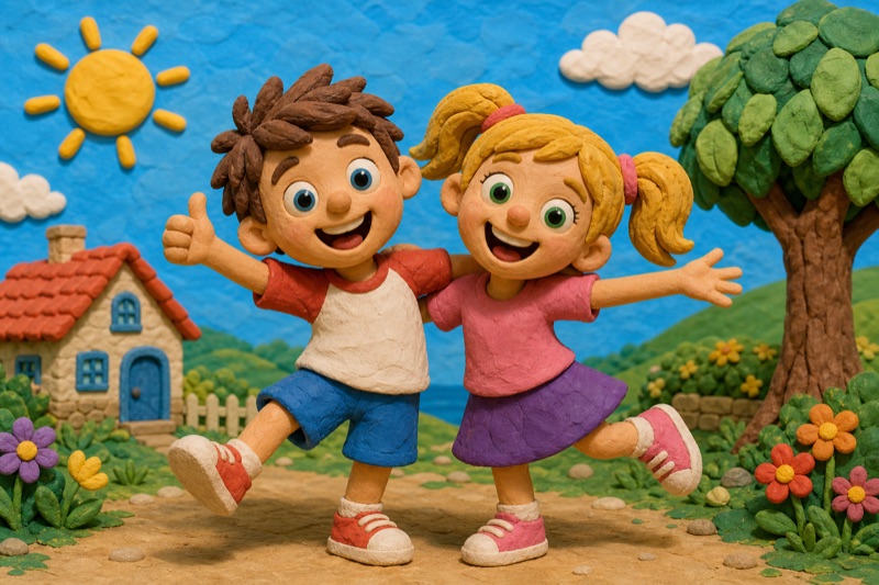 Postcard artwork of two happy kids in Plasticine stop-motion style