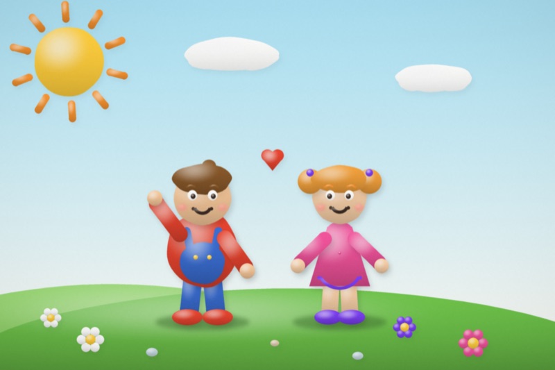 Postcard artwork of two happy kids in Play-Doh clay style