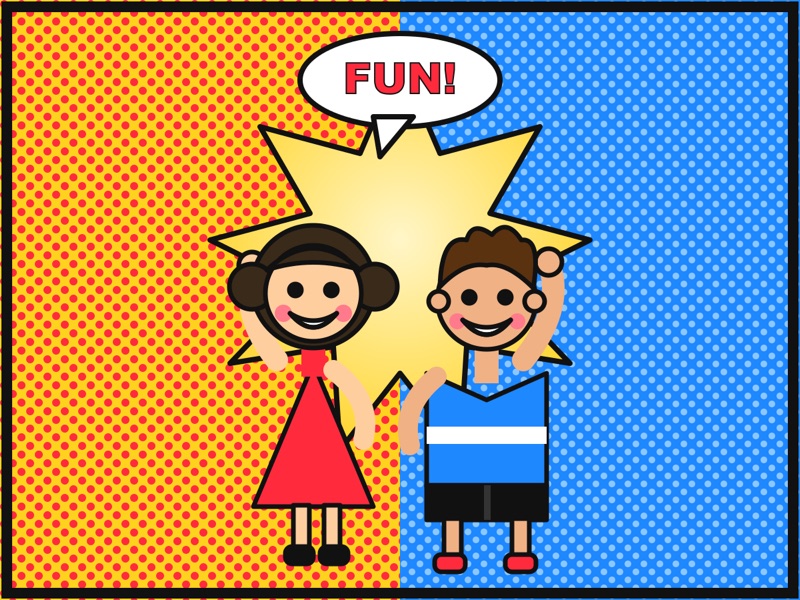 Postcard artwork of two happy kids in Pop art style
