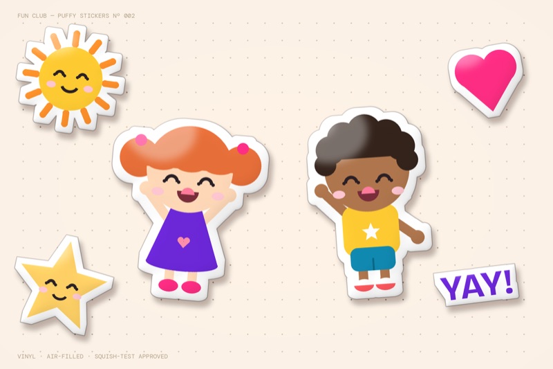 Postcard artwork of two happy kids in Puffy sticker style
