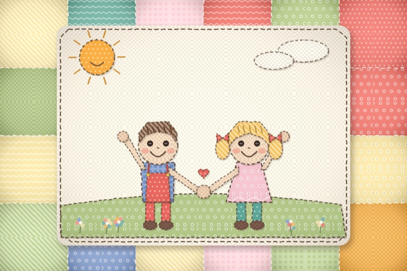 Postcard artwork of two happy kids in Quilted fabric style