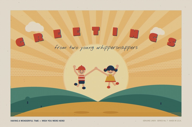 Postcard artwork of two happy kids in Retro postcard print style