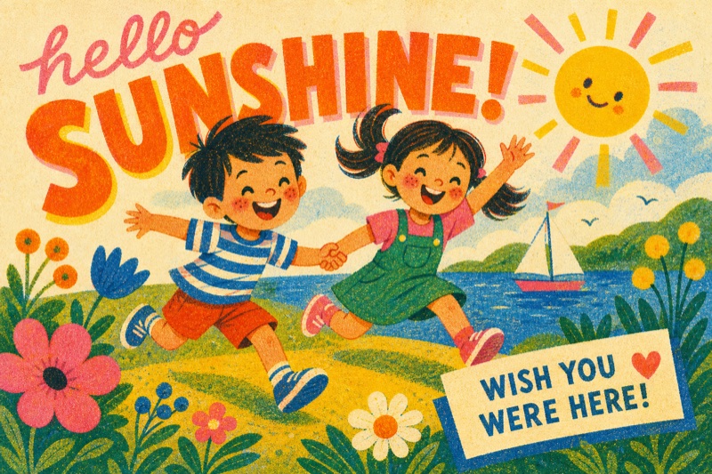 Postcard artwork of two happy kids in Risograph print style