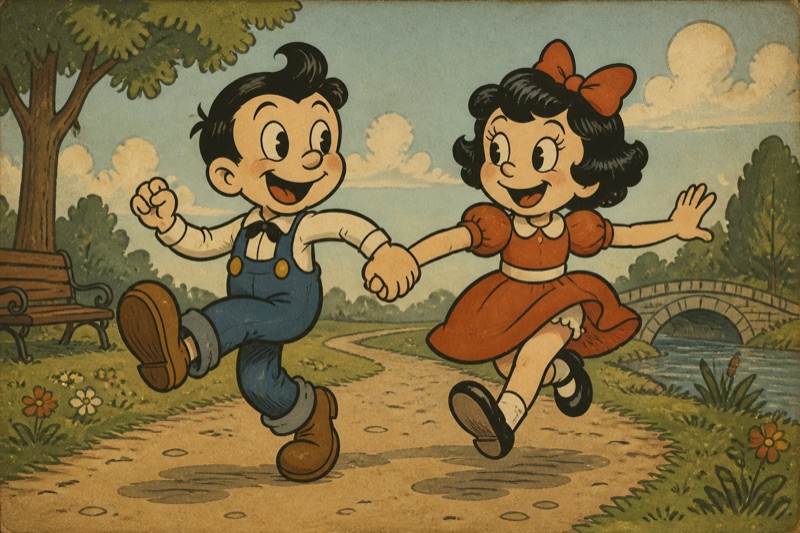 Postcard artwork of two happy kids in Rubber-hose cartoon style