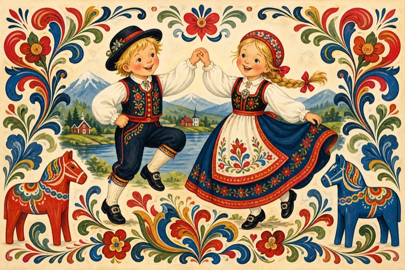 Postcard artwork of two happy kids in Scandinavian folk style