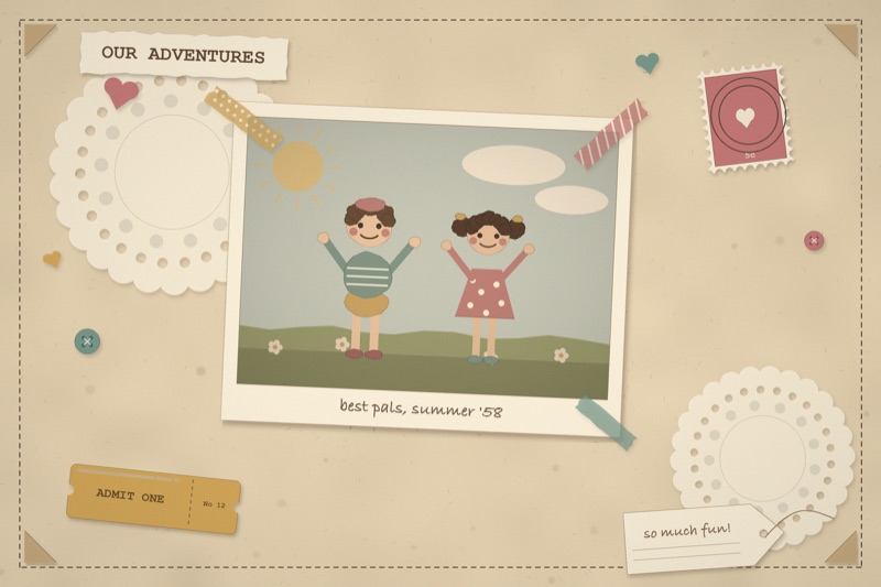 Postcard artwork of two happy kids in Scrapbook vintage style